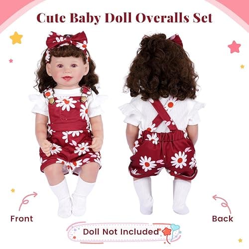 BABESIDE 4 Pcs Reborn Baby Doll Clothes for 17-22 Inch Babydolls, Cute Wine Red Flower Dolls Overalls Lifelike Reborn Baby Doll Accessories with Headband and Socks for Realistic Dolls Girl thumbnail 4