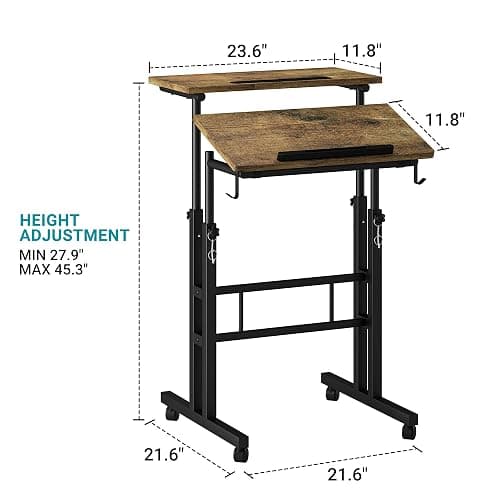 Klvied Rolling Mobile Desk with Cup Holder, Portable, Adjustable Height Small Stand up Desk on Wheels for Home Office Laptop Cart, Computer, Standing or Sitting,Oak thumbnail 3