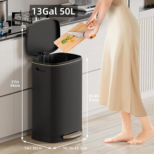 KUK 13 Gallon Kitchen Trash Can with Lid, 50L/13Gal Office Step Garbage Can for Home, Kitchen, Laundry Room, Office, Brushed Stainless Steel, Black thumbnail 2