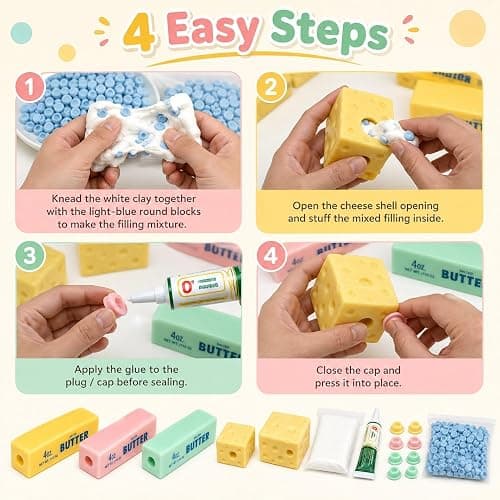 Cheese & Butter Squishy Skin Stress Ball Kit, Easy Handmade Sensory Squishy | Includes 5 Cheese & Butter TPR Skins and 7.05 oz Filler, Calming ASMR Craft, Great for Anxiety Relief and Creative Play thumbnail 4