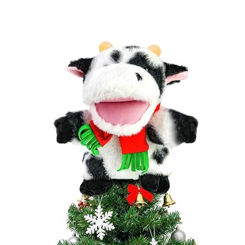 Cow Christmas Tree Topper with Red Scarf, 9In Stuffed Animal Tree Topper, Black and White Tree Topper for Country Farm Home Indoor/Outdoor Winter Holiday Birthday Party Favor Gift Christmas Tree Decor - Image 1