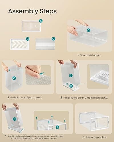 SONGMICS Stackable Shoe Boxes, Foldable Shoe Storage Organizers, Ventilated, for Max. Men's Shoes US Size 9 or Women's Shoes US Size 11, Sneakers, Set of 12, Transparent and White ULSP106W12V2 thumbnail 7