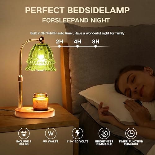 Droyek Candle Warmer Lamp with Timer Electric Adjustable Height Candle Warmer Dimmable Wax Warmer Lamp Jar Candles with 2 Bulbs for Home Decor & Office - Green1-flower - Large thumbnail 3