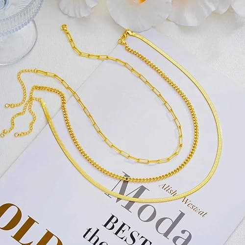 Gold Layered Necklaces for Women, 14K Gold Plated Dainty Gold Chain Choker Necklace Stack, Herringbone Gold Necklaces Set thumbnail 5