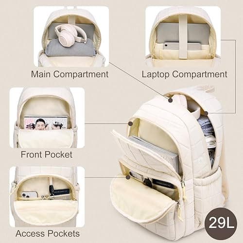 kadilong Laptop Backpack for Women College Travel,Quilted Daypack Bookbag for School Teen Girls Mochilas Mujer,Beige thumbnail 2