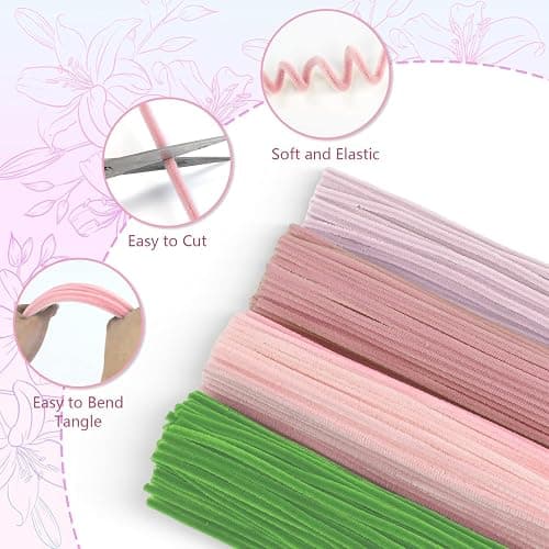 400 Pcs Pipe Cleaners Craft,4 Assorted Colors Pipe Cleaners Bulk, Chenille Stems for DIY Flower Making Kit with Floral Wires, Gardening Tape,Stamen& Ribbon (Pink) thumbnail 4