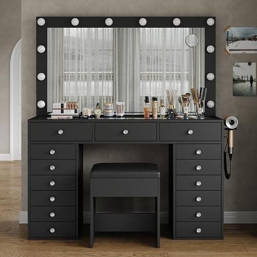 Yanosaku 15 Drawers Makeup Vanity with Charging Station, Vanity Desk with 12 LED Bulbs and HD Mirror, 3 Color Brightness Adjustable, Vanity Set for Bedroom, Black - Image 1
