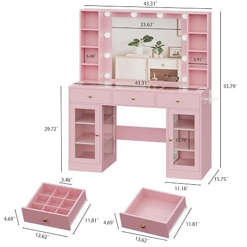 HUANLEGO Pink Vanity Desk with Mirror and Lights, Glass Top Vanity with Lighted Mirror & RGB Glass Cabinet and 3 Drawers, Makeup Vanity Desk with Lights Dressing Table for Bedroom, 3 Color Modes - Pink - 43.3x15.7x55.7 in thumbnail 2