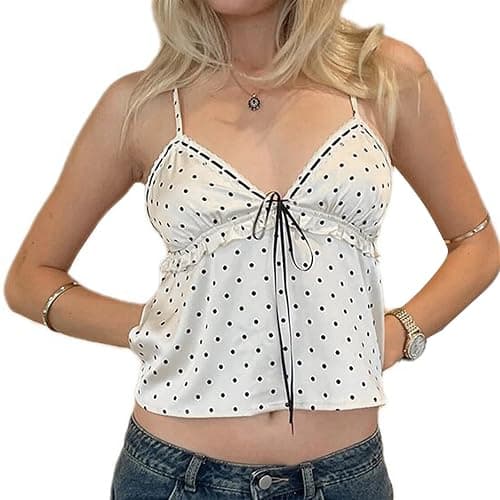 Women Y2k Polka Dot Tank Top Coquette Satin Silk Lace Trim V Neck Spaghetti Strap Camisole Going Out Top - Image 1