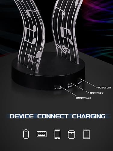 CoolGift Mart Light Up Headphone Stand with 16 Color Lights, Music Notes Pattern Acrylic Headset Stand with 1 USB and 1 Type-C Charging Ports, Gifts for Gamers Men and Music Lovers thumbnail 6