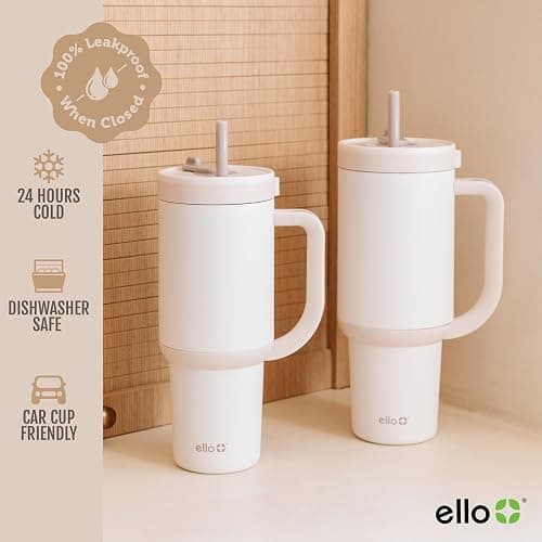 Ello Oasis 30oz Insulated Stainless Steel Tumbler with Straw, Cream Tonal | Insulated stainless steel cup with handle, retracting straw, leakproof lid, keeps cold 24 hours, cupholder fit thumbnail 6