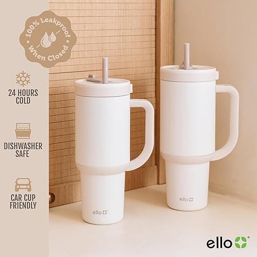 Ello Oasis 24 oz Tumbler with Handle & Retracting Straw | Reusable Insulated Stainless Steel Cup 100% Leakproof, Gifts for Teens Women Men | Keeps cold for 24 Hours, Cup Holder Friendly, Cream Tonal - 24 Ounces - Cream Tonal thumbnail 5
