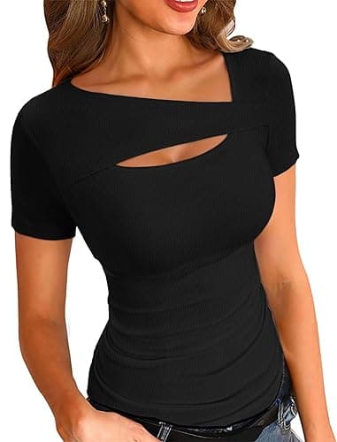 VICHYIE Womens Fashion Fall Clothes One Piece Cutout Tops Long Sleeve Ribbed Slim Fitted Shirts Tee Tshirts - Short Sleeve - Large - Short-black