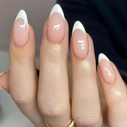 KQueenest 30 Pcs White French Tip Press on Nails Short Almond Nails Acrylic,Medium Natural Nude Fake Nails Press ons,Classic False Nails Short,Gel French Nails for Women DIY Instant Manicure thumbnail 3