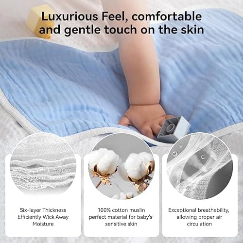 Synrroe Burp Cloths Large, Muslin Burp Cloths for Baby Girls and Boys, Pack of 10 Extra Absorbent and Soft Muslin, 6 Layers 20 by 10 Inches 100% Cotton (Blue Sets 10 Pack) thumbnail 7