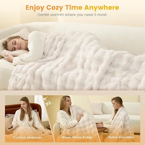 Amélie Home Heated Bubble Faux Fur Blanket Electric - 50"x60" Heating Blanket Throw 2/4/6/8 Hours Auto-Off 8 Heat Level Over-Heat Protection Electric ETL Certification Beige/Off White thumbnail 6