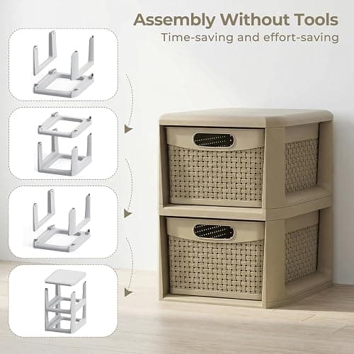 Giantex 2-Drawer Storage Organizer, Plastic Wicker Tower Baskets, Counterop & Under-desk Compact Container Boxes for Office, Bedroom, Bathroom, Living Room, Taupe thumbnail 5