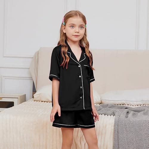 QPANCY Kids Satin Pajamas Sets Baby Boy Girl Button-Down Silk Sleepwear 2 Piece Short Sleeve Loungewear Clothes Set thumbnail 2