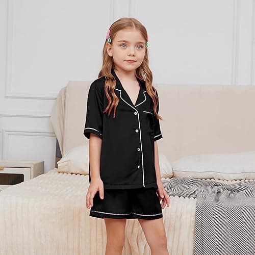 QPANCY Kids Satin Pajamas Sets Baby Boy Girl Button-Down Silk Sleepwear 2 Piece Short Sleeve Loungewear Clothes Set thumbnail 3