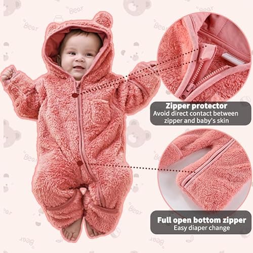 AiWMGL Newborn Baby Bear Outfit With Fold-Over Mittens and Footies Girls Boys Winter Fleece Clothes Hooded Romper Snowsuit thumbnail 7
