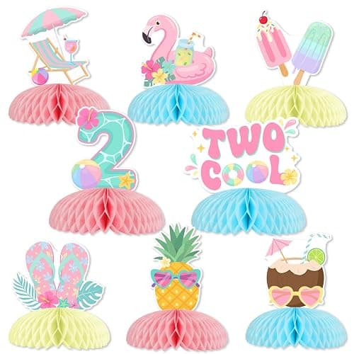 Funmemoir Two Cool Pool 2nd Birthday Honeycomb Centerpieces - 8 Piece Double Sided Summer Swimming Beach Theme Table Decor for Girls Second Birthday Party Macaron Color - Image 1