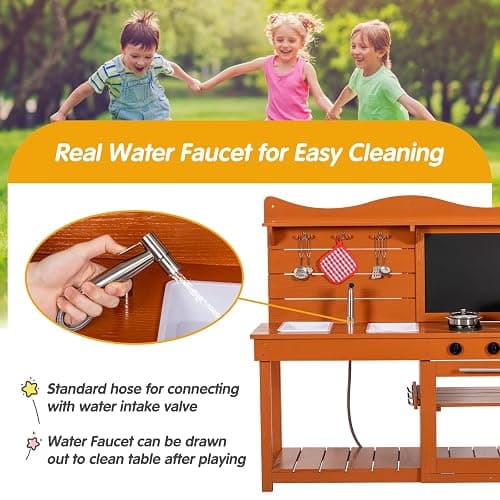 BRINJOY Outdoor Mud Kitchen Playset for Kids with Spray Pipe | Wooden Pretend Play Kitchen Set with Removable Sinks, Blackboard, Kitchenware, Stove,Backyard Garden Kitchen thumbnail 6