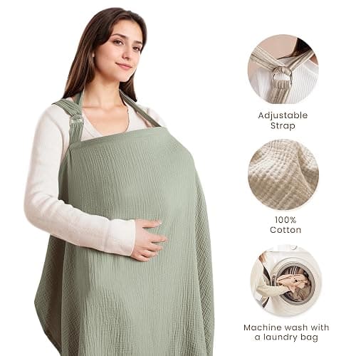 Konssy Muslin Nursing Cover for Baby Breastfeeding, Breathable 100% Cotton Breastfeeding Cover with Rigid Hoop for Mother Nursing Apron, Multi-use Carseat Canopy (Fog Green) thumbnail 3