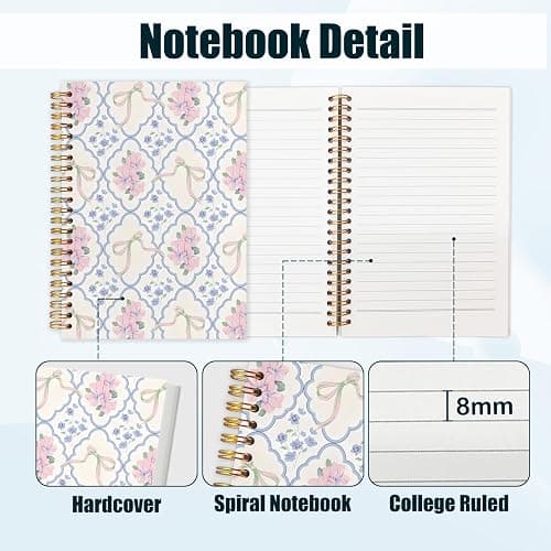 ZOFGUO Grandmillennial Pink and Blue Floral Spiral Notebook Journal, Coquette Bow Grandmillennial Flower Journal Notebooks for Note Taking, Chinoiserie Floral Hardcover Notebook, 5.5x8.3 Inch thumbnail 4
