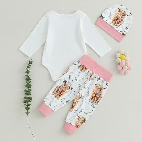 Geogenry Newborn Baby Boy Girl Clothes Highland Cow Print Romper Bodysuit + Pants with Hat 3Pcs Western Coming Home Outfits thumbnail 3