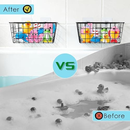 Hanging Bath Toy Storage Basket - 2 Pack Metal Bath Toy Holder with Hooks - Bathtub Toy Storage Organizer for Baby Bath Kids Shower Bathroom thumbnail 4