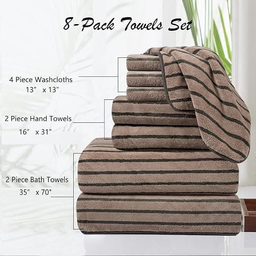 8 Pcs Polyester Brown Cabana Stripe Large Bath Towel Set-2 Bathroom Towels,2 Hand Towels,4 Washcloths Lightweight 600GMS Bath Sheet Absorbent Shower Towel Quick Dry Beach Chair Spa Gym Hotel Towels thumbnail 7