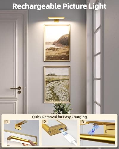 EZVALO Picture Light for Wall, Rechargeable 2400mAh Gold Lights Wireless with IR Remote, 3 Color & Dimmable Magnetic 7.87'' LED Lights Display for Painting, Living Room, Gallery, Bedroom Art(3P) thumbnail 9