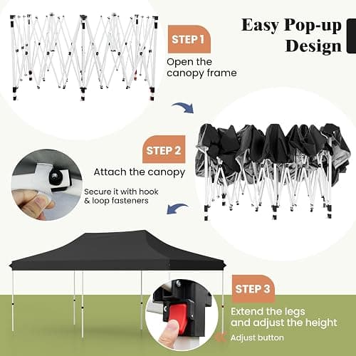 Tangkula 10x20 Ft Pop Up Canopy, Instant Setup Outdoor Tent with 6 Sand Bags, 12 Stakes & 6 Ropes, UPF 50+ Portable Canopy Tent with Carrying Bag for Camp, Beach, Patio (Black) thumbnail 7