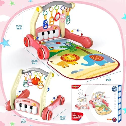 2 in 1 Baby Gym Play Mat with Walker, Kick and Play Piano Gym Activity for Boys Girls, Musical Activity Center Tummy Time Mat for 0-3-6-12-18 Months, Learning Walker Play Gym for Infant Girl Gift(RED) thumbnail 7