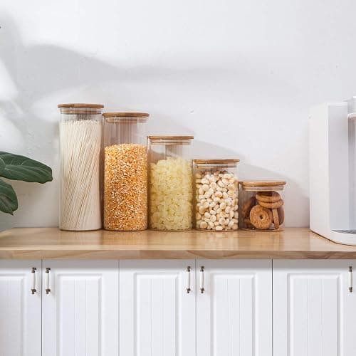 Flrolove Glass Food Storage Containers Set,Airtight Food Jars with Bamboo Wooden Lids - Set of 5 Kitchen Canisters For Sugar,Candy, Cookie, Rice and Spice Jars thumbnail 6
