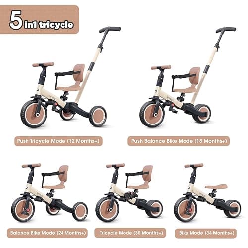 newyoo Toddler Tricycle with Push Handle for 1-3 Year Old, Toddler Bike, Birthday Gift and Toy for Boys and Girls, 5 in 1 Kids Trike, Balance Bike with Backrest and Safety Belt, Khaki, TR007 thumbnail 4