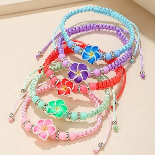 MMIUAEG 5pcs Hawaiian Plumeria Rubra Bracelets for Women Bohemian Woven Tropical Flower Charms Bracelet Handmade Braided Boho Beach Jewelry Party Gifts thumbnail 2