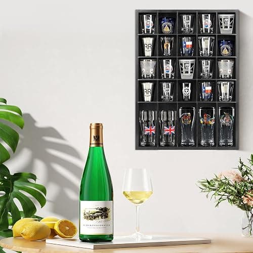 DARCKLE Shot Glass Display Case for Wall, Wood Holds Set of 30 Glasses Shot Glass Holder Display Shelf, 17'' x 12''-3'' x 2'' (Black, 1PCS) thumbnail 2