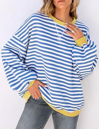 UEU Women Oversized Striped Crewneck Sweatshirt Long Sleeve Color Block Pullover Tops Casual Loose Workout Shirt thumbnail 2