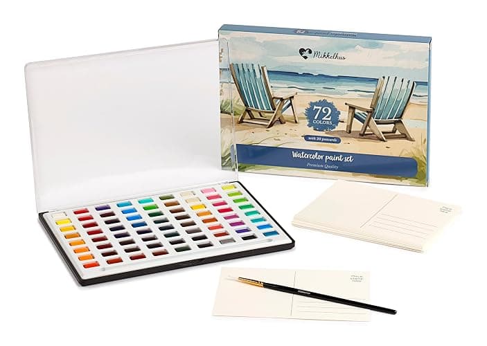 Mikkelhus Professional Watercolor Paint Set – 72 Colors, 20 Blank Postcards, Water Brush, Paintbrush & Sponge – For Kids and Adults - Image 1