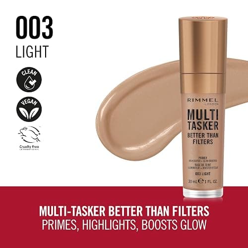 Rimmel Multi-Tasker Better Than Filters, 003 Light, Base de Teint, Booster d’Éclat et Highlighter, formule vegan, léger, pigments réflecteurs de lumière, grand applicateur doux, 30 ml - 003 Light thumbnail 2