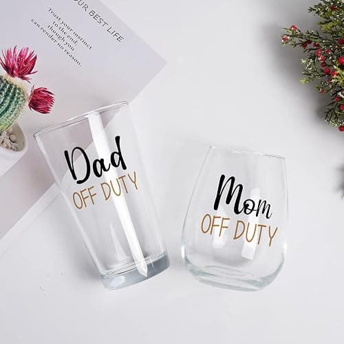 Futtumy Dad and Mom Gift Set, Dad & Mom off Duty Beer Glass and Stemless Wine Glass Combo for Daddy Mom New Parents, Funny Gift for Father’s Day Mother’s Day Christmas Birthday Daily Use Baby Shower thumbnail 7
