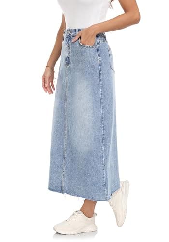 MISS MOLY Women's Jean Skirt Stretch High Waisted Frayed Raw Hem A Line Denim Midi Skirt with Pockets thumbnail 2