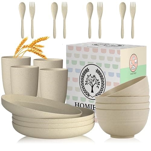 Homienly Wheat Straw Dinnerware Sets, 20pcs Lightweight Unbreakable Dinnerware, Microwave Dishwasher Safe Bowls Cups Forks Spoons set,Perfect for Camping Outdoor, Beige - Image 1