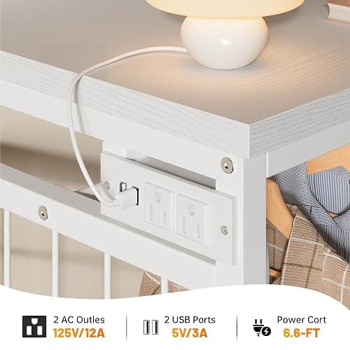 EnHomee 49.2" W Dresser with Hanging Rack & 6 Drawers, Grid Panel & 4 Hooks | Featuring LED Lights and Charging Station, Wooden Top Organize Unit for Bedroom, Chest of Drawers with Steel Frame, White thumbnail 5