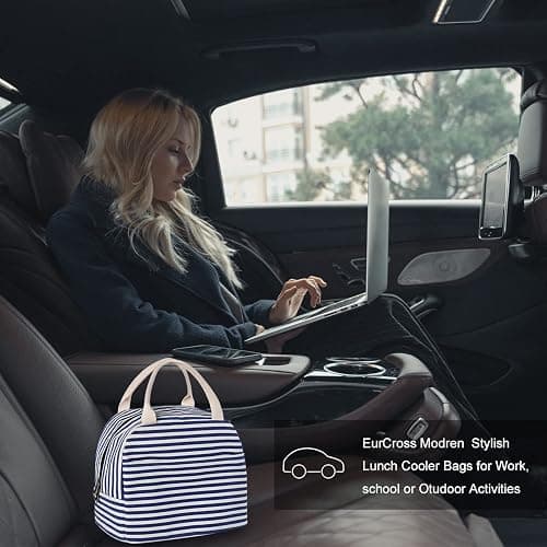 EurCross Blue and White Stripes Lunch Bag Women,Cooler Tote Bag Insulated Lunch Bento Box Bag, Canvas Portable Tote Thermal Bag for Adult Women and Men for Work thumbnail 7