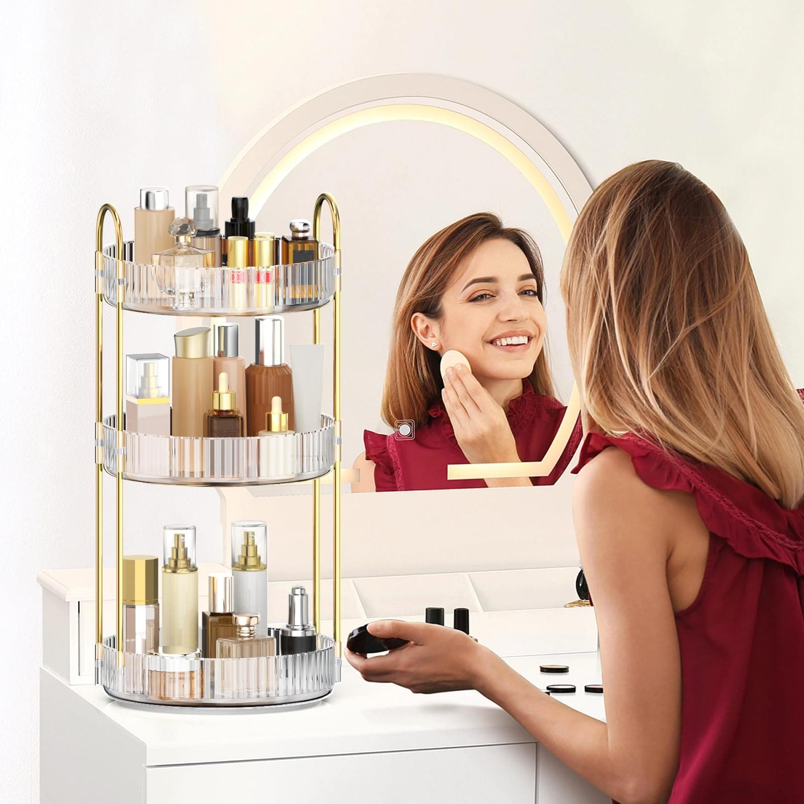MOKANI 360 Rotary Vanity Organizer for Dressing Table, 3 Tier Adjustable Perfume Organiser for Dresser,Multifunctional Spinning Cosmetics Skin Care Storage for Bedroom, Dresser,Countertop, Clear thumbnail 7