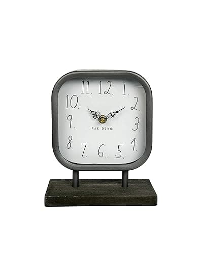 Rae Dunn Desk Clock - Battery Operated Modern Metal Rustic Design with Wooden Base for Bedroom, Office, Kitchen - Small Classic Analog Display - Chic Home Décor for Desktop Table, Countertop