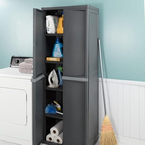 Sterilite 4 Shelf Cabinet, Lockable Utility Storage, Gray | Adjustable Shelves - Plastic Shelving Unit for Organizing Garage, Pantry, Basement, Laundry Room or Mudroom thumbnail 7