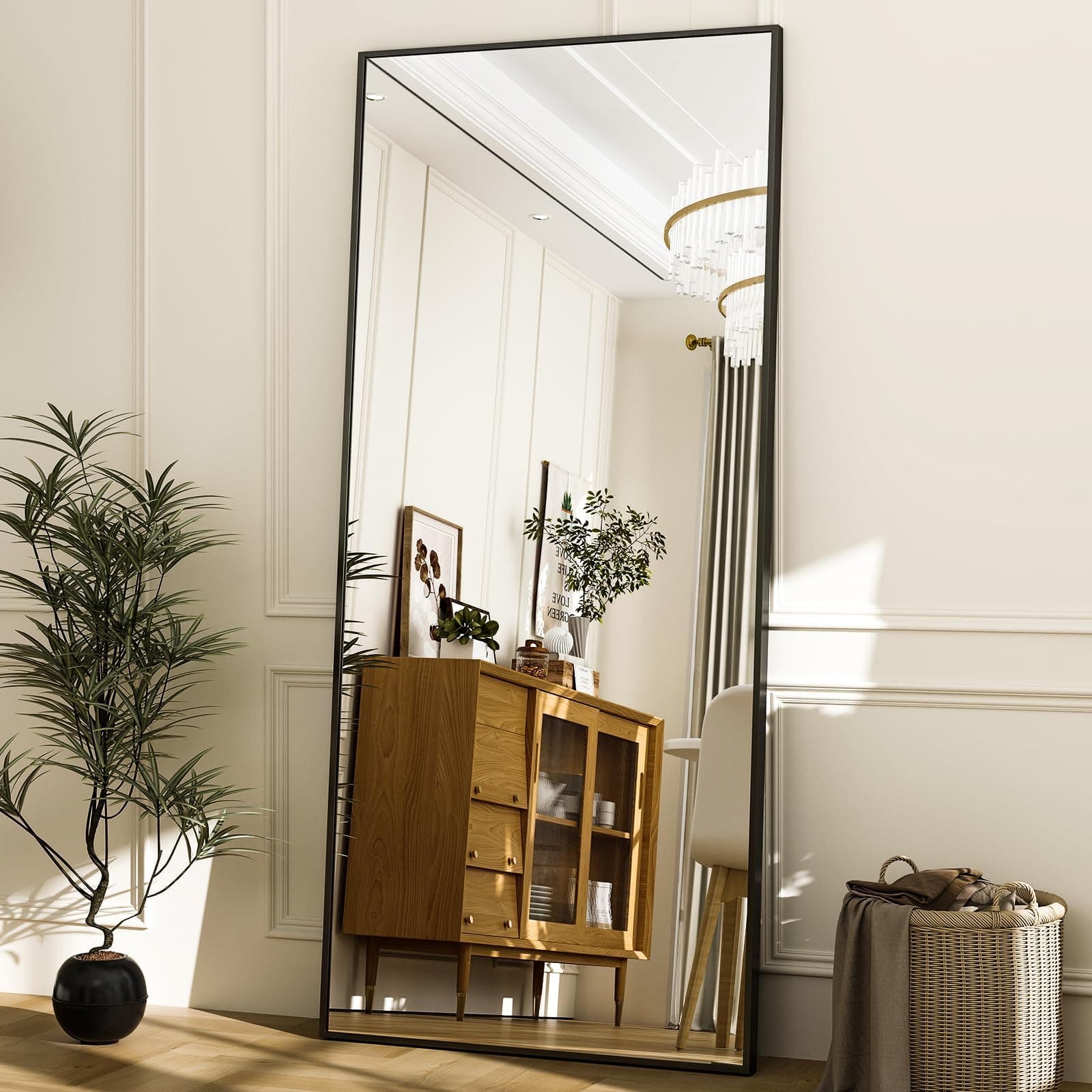 Koonmi 171 x 76 cm Standing Mirror, Robust Full Body Mirror with Minimalist Narrow Aluminium Frame, Modern Large Wall Mirror, Standing or Hanging for Living Room and Bedroom, Black thumbnail 7